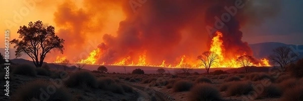 Obraz Desolate Inferno Wildfire Engulfs Dry Brush and Trees in a Dramatic Landscape, Smoke Billowing Ominously into the Sky, Highlighting Natures Destructive Power