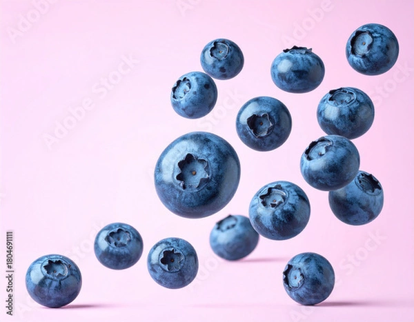 Obraz Fresh Blueberries Floating on Soft Pink Background