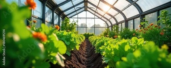 Obraz Vibrant Greenhouse Garden Sunlight Drenched Plants Flourishing in a Modern Indoor Setting