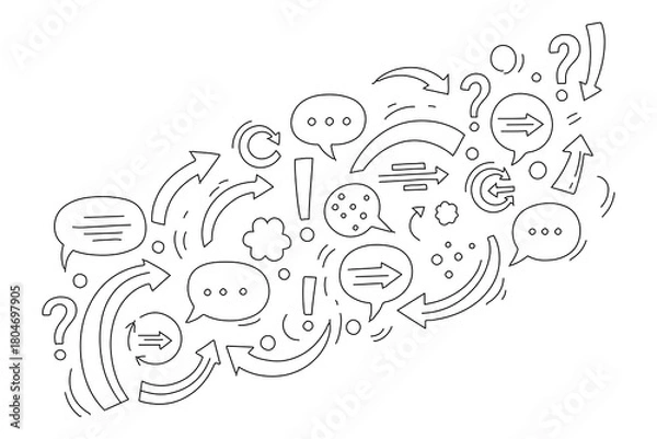 Fototapeta Collection of hand drawn doodle speech bubbles arrows question marks exclamation points and circular arrows representing communication ideas and questions