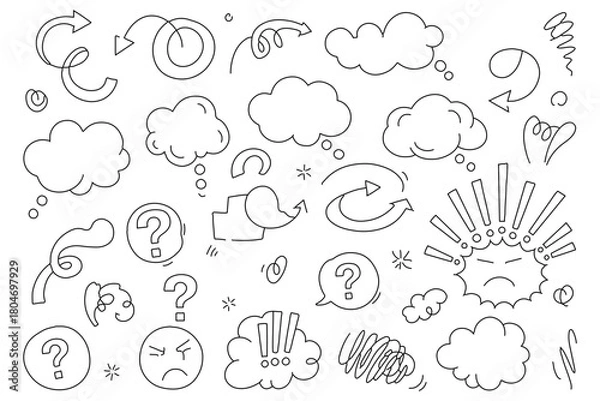 Fototapeta Collection of hand drawn doodle elements including thought bubbles arrows question marks and expressive faces on white background