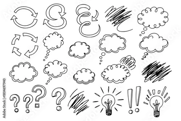 Fototapeta Collection of hand drawn doodle elements including thought bubbles question marks lightbulbs arrows and scribbles on white background