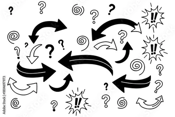 Fototapeta Collection of hand drawn black arrows question marks swirls and exclamation marks on white background