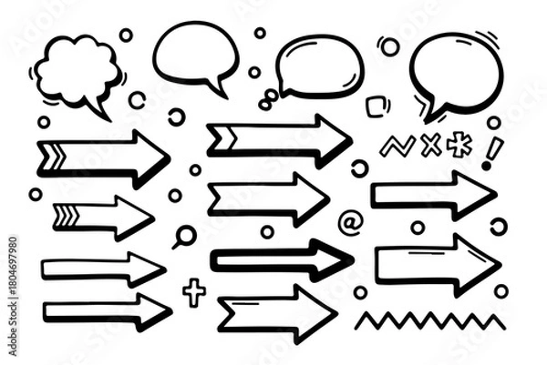 Fototapeta Collection of hand drawn black and white doodle elements including speech bubbles arrows and decorative symbols on a white background
