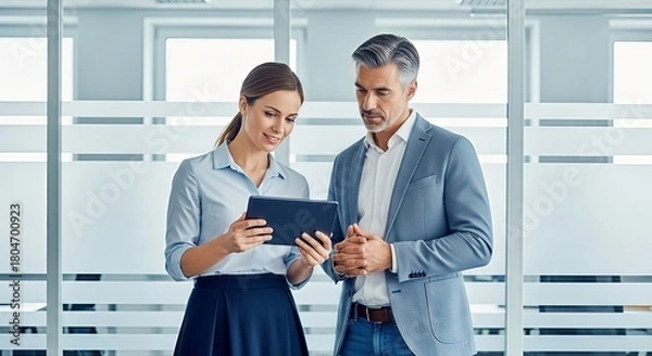 Fototapeta Professional collaboration shown by colleagues reviewing data on a digital tablet device