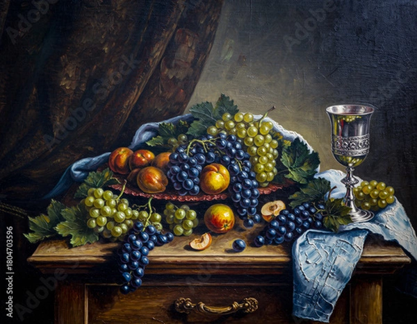 Obraz 18th-Century Still Life with Grapes, Peaches, and Silver Goblet on Wooden Table