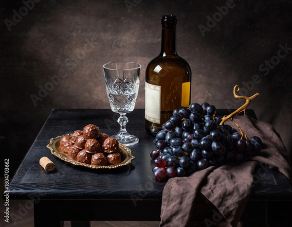 Obraz Luxury Still Life with Wine Bottle, Crystal Glass, Chocolate Truffles and Dark Grapes