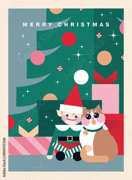 Fototapeta Christmas illustration in contemporary flat geometric style with little Santa's helper and his pet friend and Christmas tree. Design for Holiday greeting cards, postcards or advent calendar. 