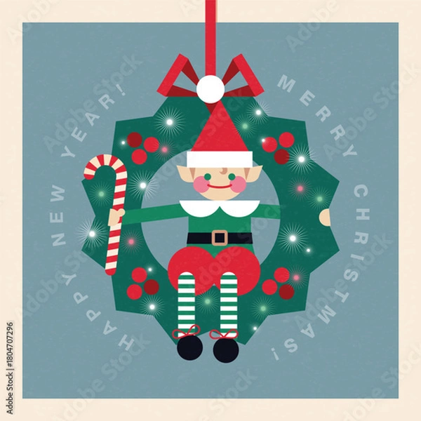 Fototapeta Christmas illustration in contemporary flat geometric style with little Santa's helper and Christmas wreath. Design for Holiday greeting cards, postcards or advent calendar.
