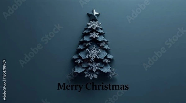 Obraz Minimalist Dark Blue and Black Christmas Tree Design with Star and Snowflakes Greeting Card_10