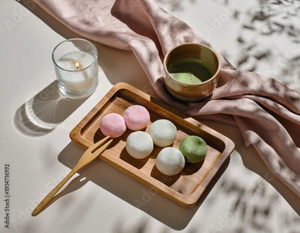 Obraz Assorted Mochi with Matcha Tea in Soft Sunlight — Japanese Dessert Still Life