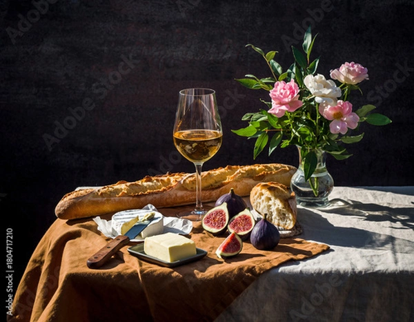 Obraz French Still Life with Baguette, Brie, Figs, Butter, and White Wine in Natural Sunlight