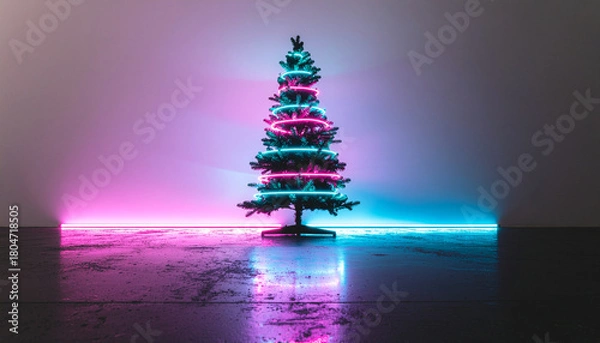 Obraz Christmas tree with pink and blue neon lights in a dark room.