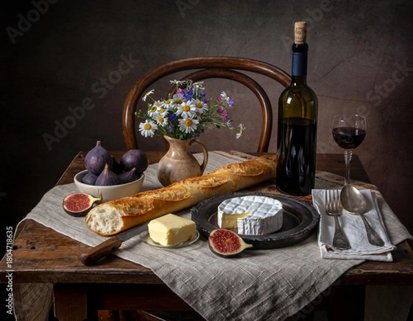 Obraz Rustic French Still Life with Baguette, Brie, Figs, Butter, Wine, and Wildflowers