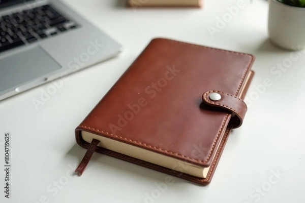 Fototapeta Simple frame, leather diary, clean white table, modern, design, frame