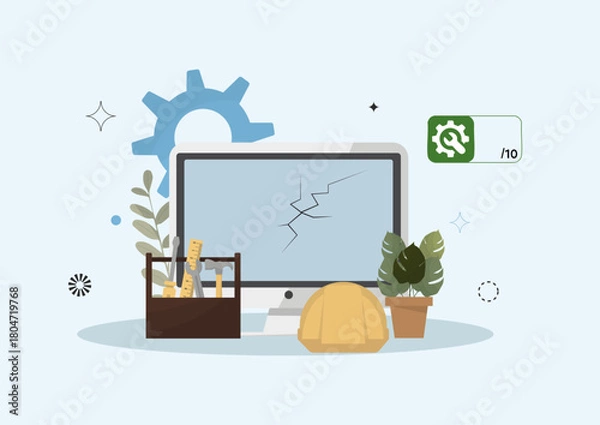 Fototapeta Damaged Computer Monitor with Repairability Score and Tools. Cracked screen monitor highlighting electronic repair assessment and sustainable design practices. Flat style. Vector illustration