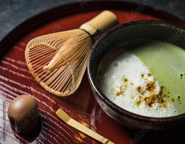 Obraz Close-Up Japanese Matcha Ceremony Still Life with Chasen Whisk, Frothy Matcha Bowl, and Mochi on Lacquer Tray