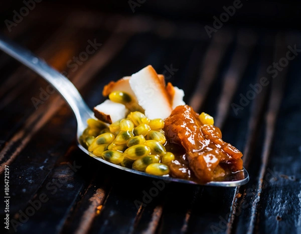 Obraz Macro Spoon with Passionfruit Seeds, Fresh Coconut Pieces, and Caramelized Paste on Dark Wooden Background
