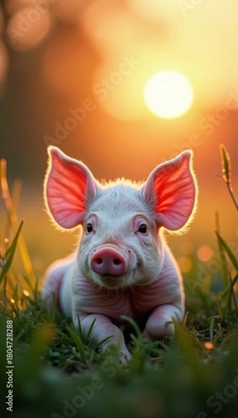 Fototapeta Pink piglet rests in tall grass, sun setting behind , idyllic, golden hour, farm