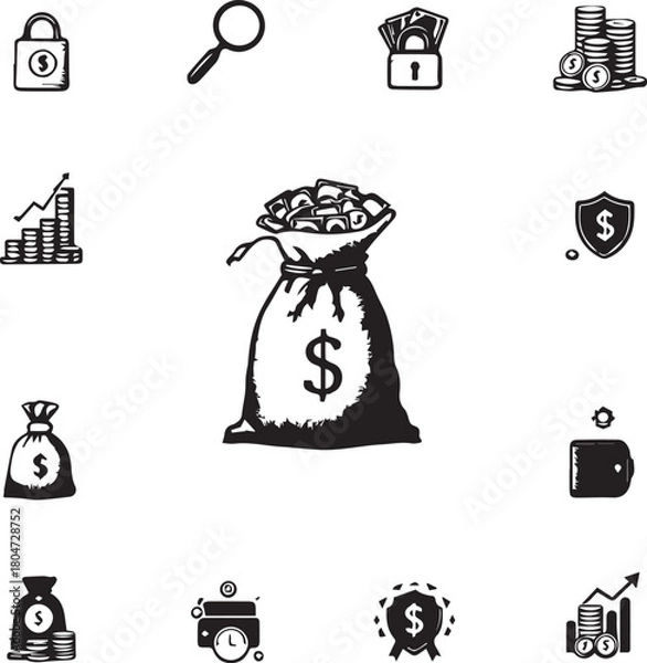 Obraz Money bag with surrounding finance icons including cash, coins, charts, wallet, lock, and stopwatch