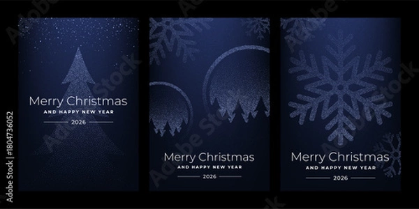 Fototapeta Three dark blue Christmas cards with dot art style winter elements for holiday season greeting card design. Merry Christmas and Happy New Year wishes.
