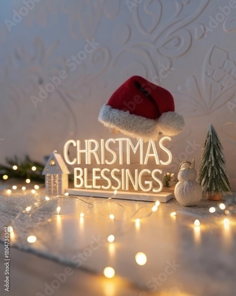 Obraz Merry Christmas greeting card design with Santa Claus hat on a decorated holiday tree in a winter celebration house