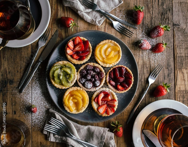 Obraz Rustic Fruit Tart Assortment with Fresh Strawberries and Tea – Overhead Food Photography