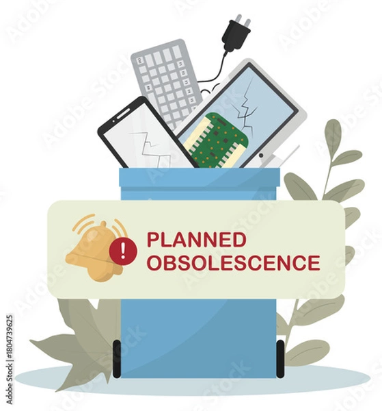 Fototapeta Planned Obsolescence Alert with Discarded Electronics in Bin isolated on transparent background. E-waste and the lifespan of consumer technology. Maintenance concept. Flat design. Vector illustration