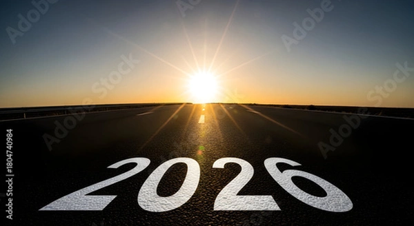 Fototapeta A bright future unfolds as the sun rises over a long road with the year 2026 painted on the pavement symbolizing the promise of new beginnings and forward momentum towards a new decade of