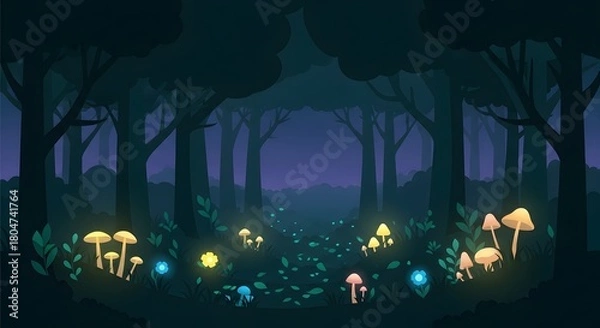 Obraz Enchanted forest background vector illustration with glowing mushrooms and magical flora scene design