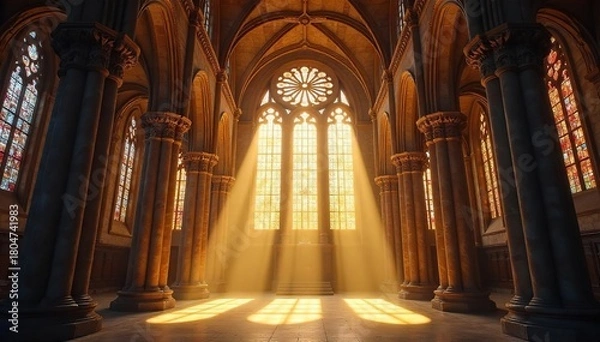 Fototapeta Sunlit Cathedral Interior Majestic Architecture and Divine Light Streaming Through Stained Glass Windows