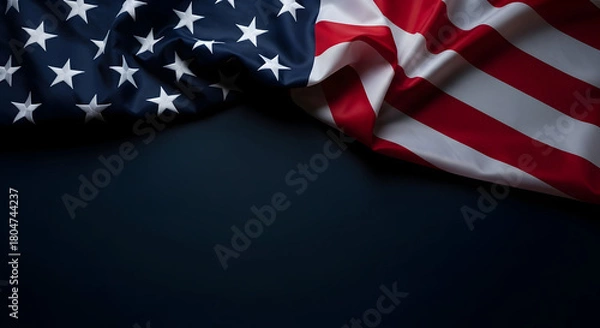 Fototapeta An overhead view captures the majestic red white and blue folds of the American flag gently draped on a dark surface creating a powerful visual that conveys patriotism freedom and a sense of
