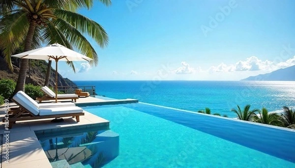 Fototapeta Panoramic Ocean View Infinity Pool Tranquil Escape in Sun-Drenched Paradise