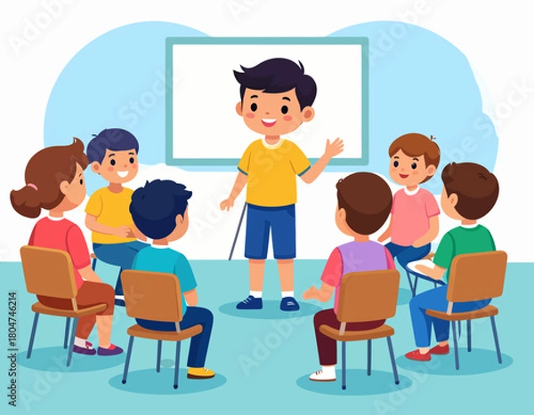 Fototapeta Cartoon illustration of a young boy presenting in front of a whiteboard, surrounded by a group of seated children listening attentively.