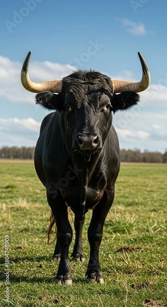 Obraz Majestic horned bull stands confidently in a sunlit pasture, showcasing its immense power and natural strength under an open sky ,natural light ,grassland ,outdoor scene
