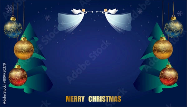 Fototapeta composition with angels, Christmas trees, and Christmas inscription
