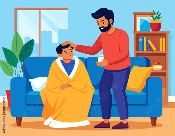 Fototapeta Father tending to his sick son wrapped in a blanket on the sofa, holding a glass of water in a cozy indoor setting.