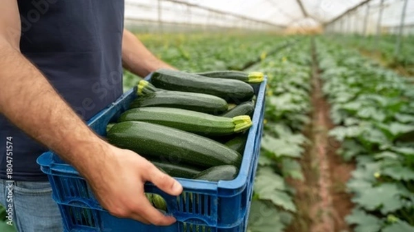 Fototapeta Farmer carrying a blue crate filled with healthy green zucchini, walking through rows of plants in a large commercial greenhouse