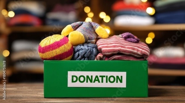 Obraz Green donation box filled with clothing, toys, and warm items, contributing to charity and welfare programs