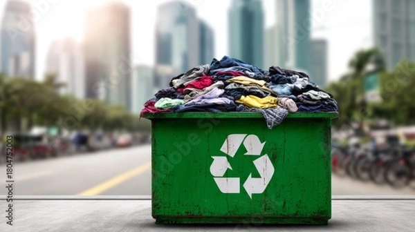 Fototapeta Green recycling bin overflowing with discarded clothes, symbolizing fast fashion and textile waste in urban environment