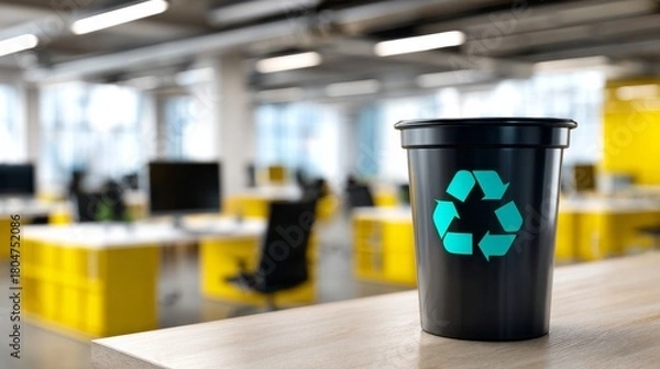 Fototapeta Recycling bin in a modern office promoting corporate environmental policies and sustainable workplace practices