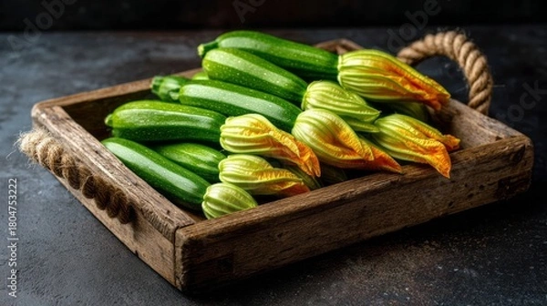 Fototapeta Fresh garden zucchini and delicate squash blossoms arranged in a rustic wooden tray for healthy cooking