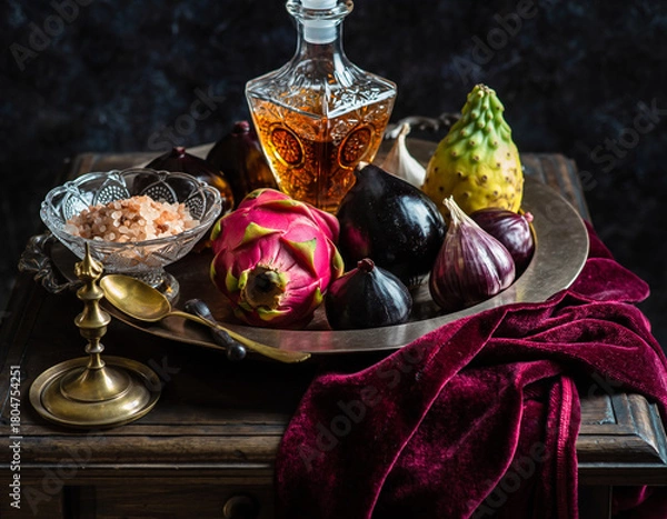 Obraz Opulent Vintage Still Life with Dragon Fruit, Exotic Produce, and Crystal Decanter on Velvet Drape