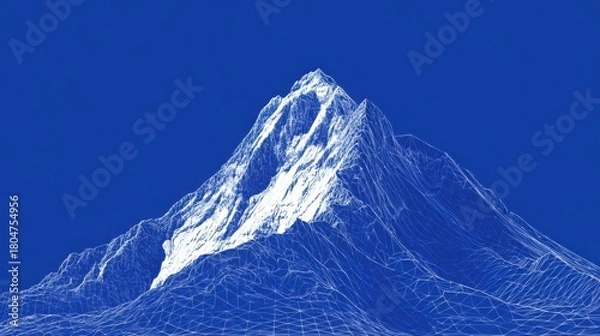 Obraz a solid blue background, with a white, blueprint of a mountain. the background must be solid blue.
