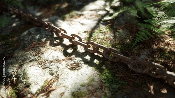 Fototapeta A close-up shot of a weathered chain lying on a forest floor, capturing the textures and details