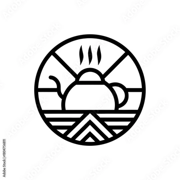 Fototapeta Minimalistic teapot with steam in geometric circle art on transparent background