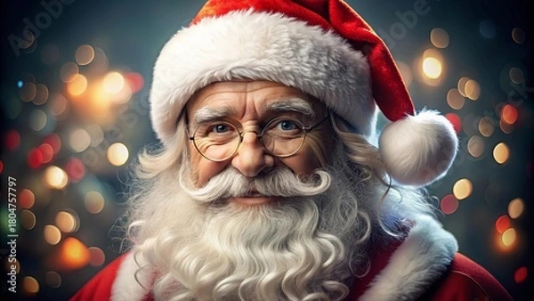 Fototapeta A close-up portrait of Santa Claus with a joyful expression, set against a twinkling lights background, capturing the festive spirit and warmth of Christmas in a classic and magical style.