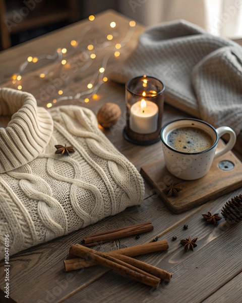 Obraz Flat lay of cozy winter essentials — knitted sweater, cinnamon sticks, coffee cup, warm light shadows, soft-focus background