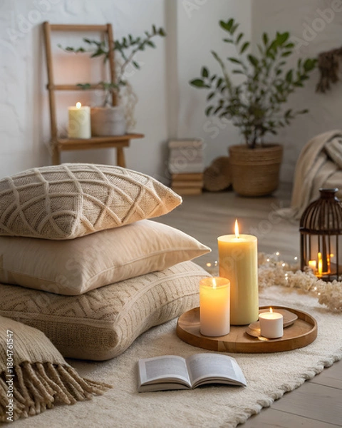 Obraz Cozy lifestyle scene with warm candlelight, soft textiles, neutral beige tones, minimal hygge aesthetic background
