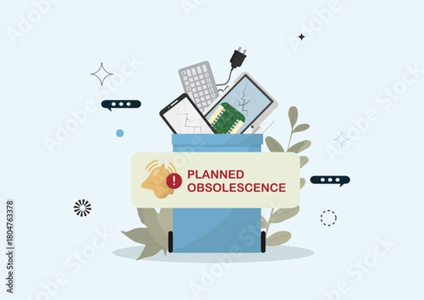 Fototapeta Digital Device E-Waste with Planned Obsolescence Warning. Short device lifespans and modern e-waste issues. Planned obsolescence concept. Flat design. Corporate business. Vector illustration